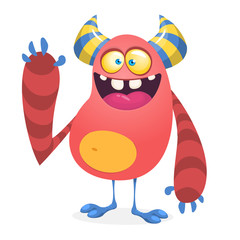Happy cool cartoon fat monster. Horned vector monster character