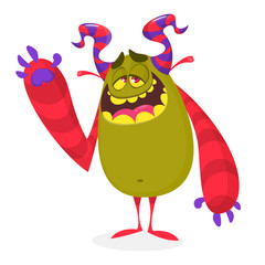 Happy cool cartoon fat monster. Horned vector monster character