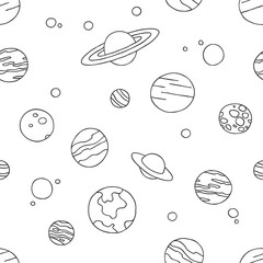 Black and White Cute Kids Seamless Pattern. Repetitive Texture with Hand Drawn Space Objects. Vector Ink Doodle Baby Background. Cartoon Ornament - 228474727