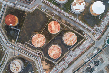 Aerial view gas storage sphere tanks in oil and gas refinery plant
