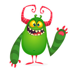 Happy cool cartoon fat monster. Horned vector monster character