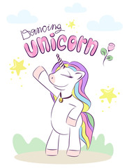 Postcard with a unicorn. Dancing unicorn.