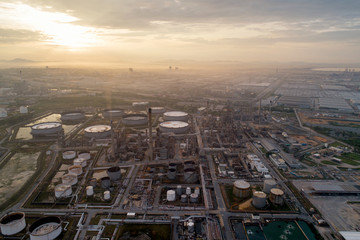 Aerial view gas storage sphere tanks in oil and gas refinery plant