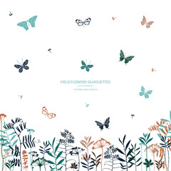 Vector silhouettes collection. Mix of wildflowers pattern. Set of field flowers, herbs and butterflies. Card design. Label design.