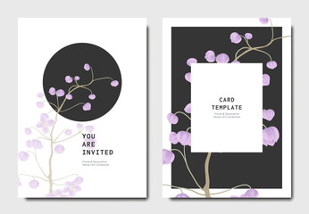 Botanical invitation card template design, purple Thalictrum delavayi flowers on black and white background, minimalist vintage style