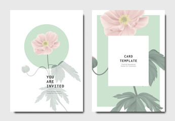 Botanical invitation card template design, pink anemone flowers on green and white background, minimalist vintage style
