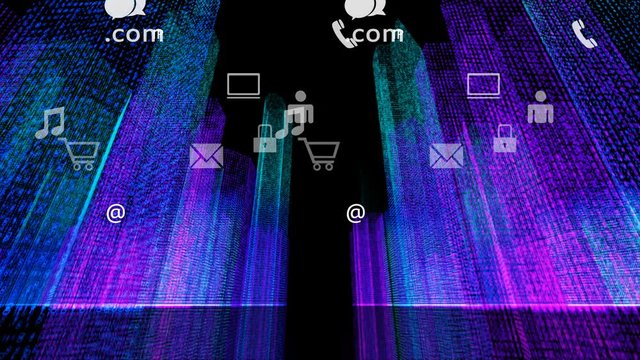 4k Big Data Digital City,upload and downloading progress,Flying Through the Digital binary code Night urban with Numbers and Grids.web tech background.on-line services and social media icons update.