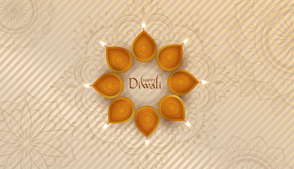Happy Diwali background with oil lamps and traditional mandala pattern.