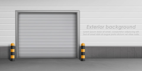 Fototapeta premium Vector exterior background with closed garage door, storage room for car parking. Warehouse entrance with roll shutters, hangar for repair service with metal doorway, concept illustration