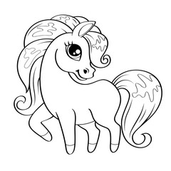 Cute little pony. Vector black and white illustration for coloring book
