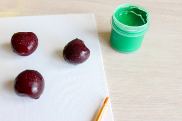 Cherry painted with acrylic paint, gouache drawing. Gouache Banks