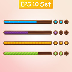 Set of four game resource bar in wooden frame. Cartoon style gui elements for mobile game. Vector design template for game, web development.
