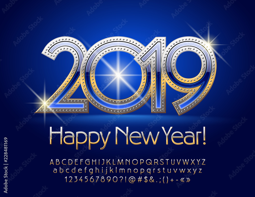 Fototapete vector happy new year 2019 greeting card with blue and golden shiny font. chic set of alphabet lette