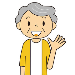 二頭身　シニア　女性　手を振るおばあちゃん