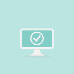 withe computer with ok tick on it. Flat vector simple icon isolated on blue. web shopping illustation.