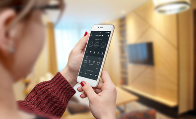 Female person using phone app to control home temperature and security, blurred living room in...