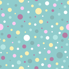 Seamless abstract pattern of circles of different colors and size on turquoise background. Kaleidoscope