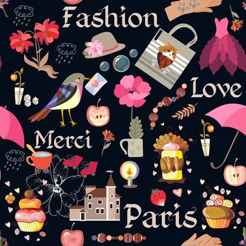 Seamless romantic pattern with candle, house, cup of tea, various flowers, cakes, bird with envelope, hat, dress, bag, hearts, apples and strawberry on black background in vector. Text "Paris, merci".