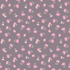 Mini gentle pink flowers on background of coffee color in vector. Ditsy seamless pattern in countru style. Print for fabric.