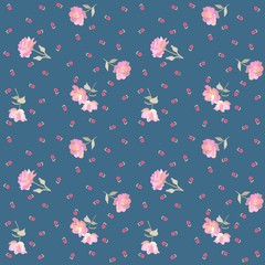 Endless ditsy floral pattern with gentle pink roses and red tiny tulips isolated on blue background in vector. Fashionable print for fabric.