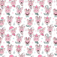 Beautiful seamless pattern of cute pigs with hats