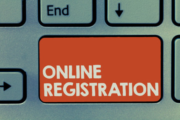 Text sign showing Online Registration. Conceptual photo Process to Subscribe to Join an event club via Internet.