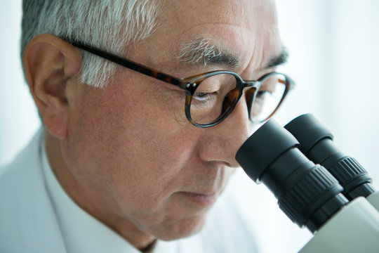 顕微鏡を覗く70代男性研究者
