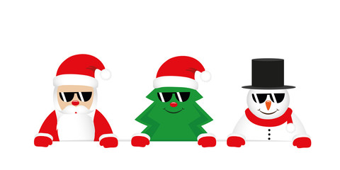 cute santa claus christmas tree and snowman cartoon with sunglasses