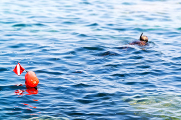 spearfishing hunter  man in underwater fishing sport , focus in buoy