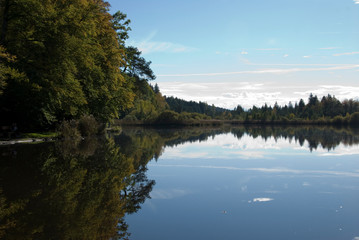 Fototapeta na wymiar Moorsee, Weiher, Herbst, Wasser, See, Himmel, blau, weiss