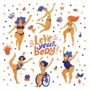 Love your body poster, banner with lettering and pretty plus size women, girls in swimming suits dancing happily, one in wheelchair, flat vector illustration on white background. Love your body banner