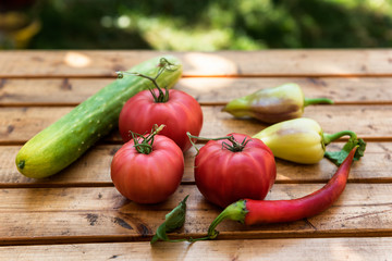 Organic Vegetables from a Small Garden on a Rustic Wooden Table - Tomatoes, Cucumber, Paprika, Bell Pepper, Chili Pepper