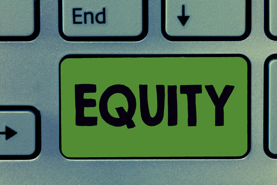 Text sign showing Equity. Conceptual photo quality of being fair and impartial race free One hand Unity.