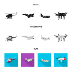 Vector illustration of plane and transport logo. Set of plane and sky vector icon for stock.