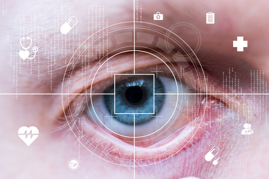 Future man with cyber technology treatment eye concept in healthcare.