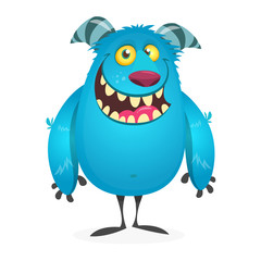 Happy cool cartoon fat monster. Horned vector monster character