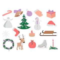 Set of Christmas and New Year elements, hand drawn style -animals and other elements. Vector illustration.