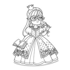 Cute princess in glasses with a pen and diary for records outlined picture for coloring book on white background
