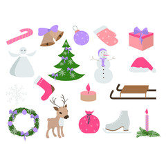 Set of Christmas and New Year elements, hand drawn style -animals and other elements. Vector illustration.