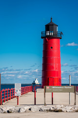 The Milwaukee pier head light and breakwater light on a beautiful clear and sunny day