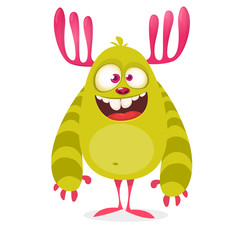 Happy cool cartoon fat monster. Horned vector monster character