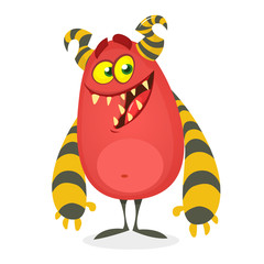 Naklejka premium Happy cool cartoon fat monster. Horned vector monster character