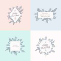 Set of Christmas Foliage Cards, Signs or Logo Templates. Abstract Hand Drawn Christmas Illustrations with Borders and Classy Typography. Good for Greetings, Invitations and Decor. Pastel Backgrounds