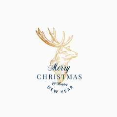 Merry Christmas Abstract Vector Retro Label, Sign or Card Template. Hand Drawn Golden Reindeer or Deer Head Sketch Illustration with Vintage Typography.