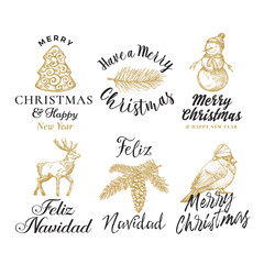 Merry Christmas and Happy New Year Abstract Vector Signs, Labels or Logo Templates Set. Hand Drawn Deer, Tree Cookie, Snowman, Bird and Needle Branch with Retro Typography.