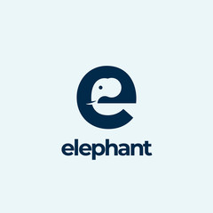 Elephant Abstract Vector Logo Template, Sign or Icon. Elephant Head Incorporated in the Letter E. Negative Space Concept with Modern Typography.