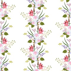 Seamless floral pattern with garland of garden flowers, leaves and branches islated on white background. Roses, lilies, buds of spirea and branch with stylized green berries.