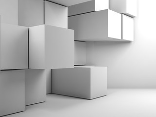 Cubes installation in empty room. 3d render