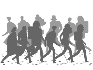 Obraz premium People silhouettes walking on the winter or autumn street. Grey walking people silhouettes isolated on white background. Vector illustration
