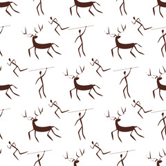 Stone age primitive painting seamless pattern background man and deer. Vector illustration